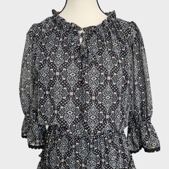 MISA Los Angeles Printed Split-Neck Blouson Tiered Ruffle Mini Dress Size Small - Picture 4 of 15